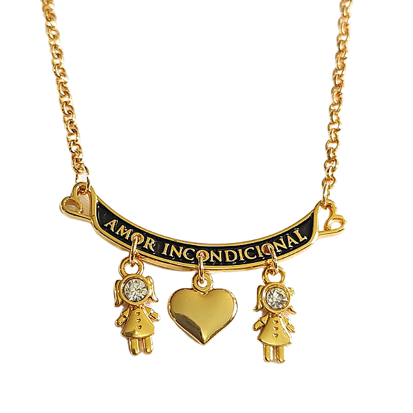 Colar amor incondicional mãe( resina preta) - 2 meninas folheado em ouro 45 cm