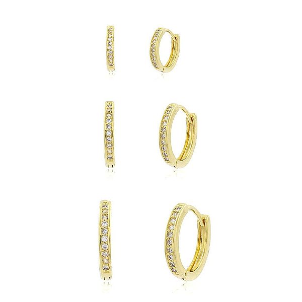 Kit de Argolas delicadas com zircônia Folheado em ouro ( trio)