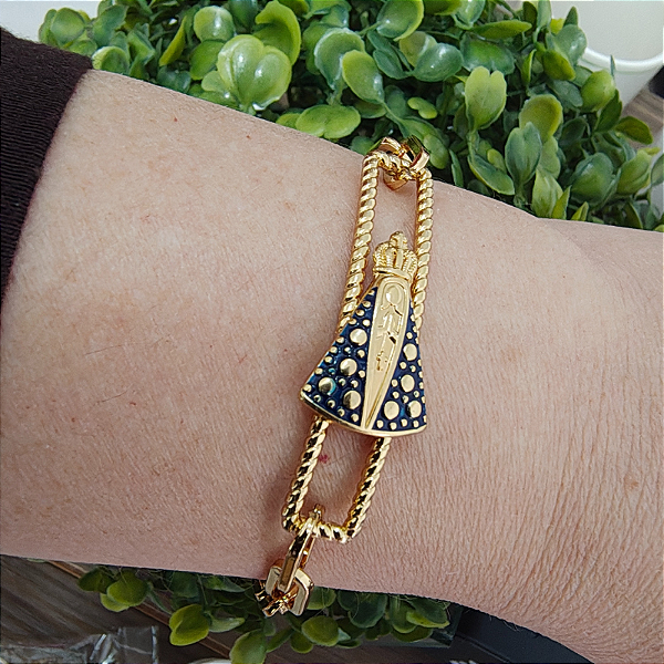 Pulseira Correntaria Nossa senhora aparecida com detalhe azul folheada em ouro