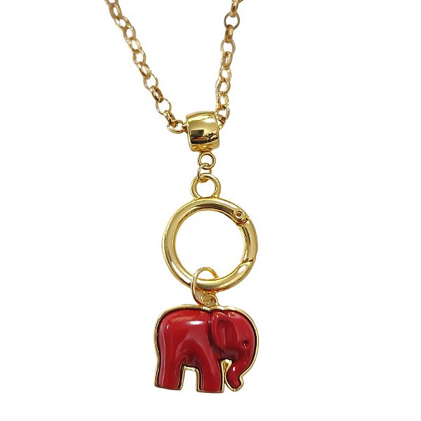 Colar longo com elo com pingente de  elefante resina vermelha folheado em ouro ( 50 cm )
