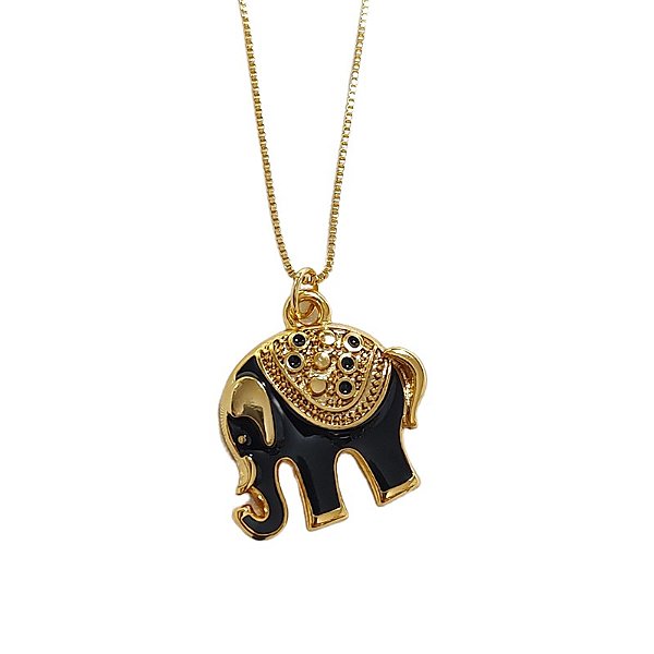 Colar correntaria veneziana com pingente de Elefante resina preta folheado em ouro (45 cm)