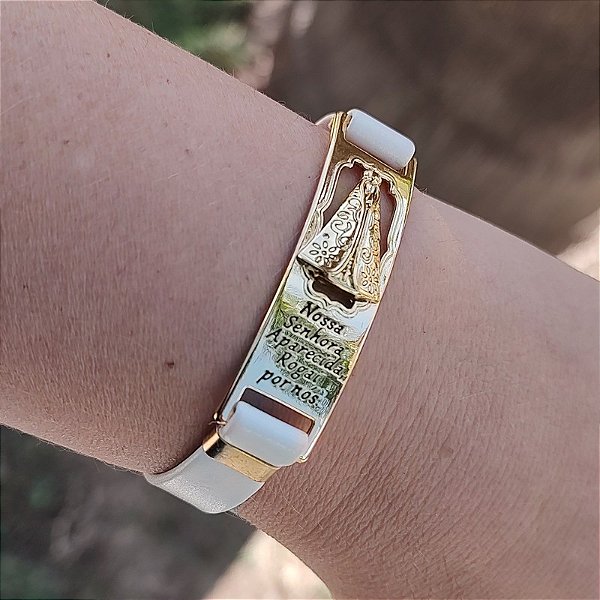 Pulseira (courino Branco) Nossa Senhora Aparecida Folheado em ouro