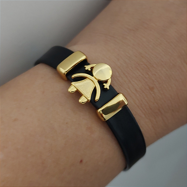 Pulseira Filhos Courino PRETO (1 menina) acabamento folheado em ouro ( 1 filho)