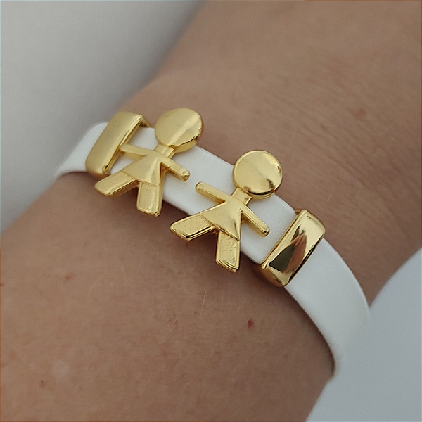 Pulseira Filhos Courino BRANCO com 2 meninos acabamento folheado em ouro