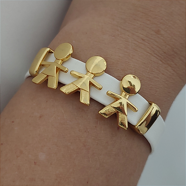 Pulseira Filhos Courino BRANCO com 3 FILHOS acabamento folheado em ouro