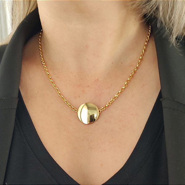 Colar correntaria elos com pingente chapa lisa folheado em ouro