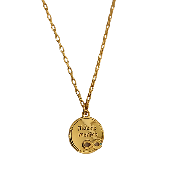 Colar Correntaria com pingente moeda escrito mãe de menino folheado em ouro ( 45 cm)