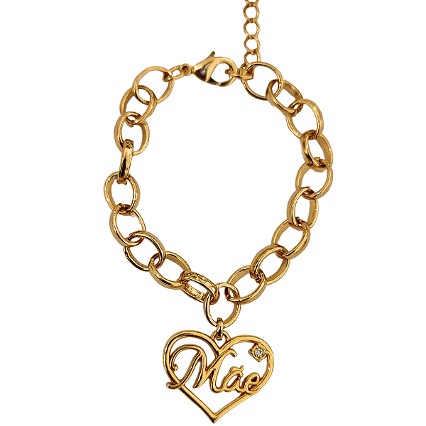 Pulseira Correntaria com pingente de coração vazado escrito mãe folheado em ouro  ( P, M ou G)