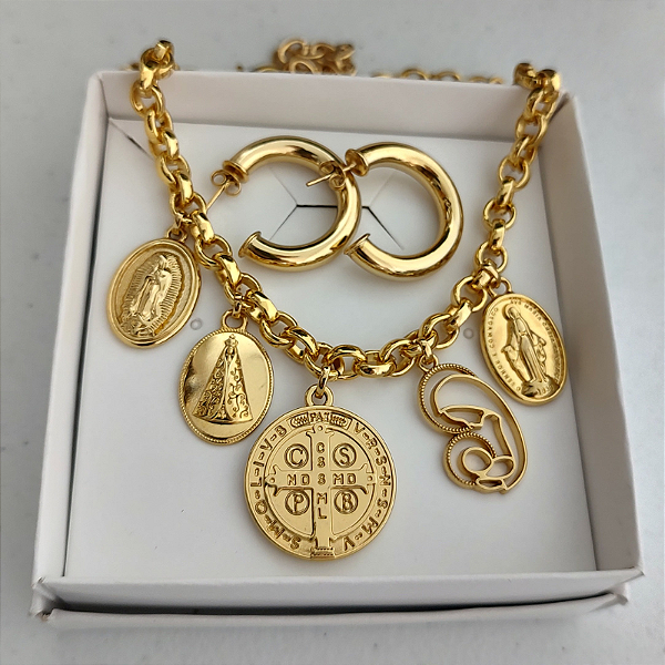 KIT RELIGIOSA - Colar  correntaria 40 cm ( são bento, nossa senhora aparecida, Nossa senhora das graças) + brincos argola  folheado em ouro
