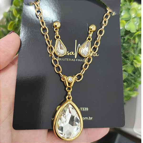 Conjunto brincos e colar correntaria com  Pingente de gota folheado em ouro
