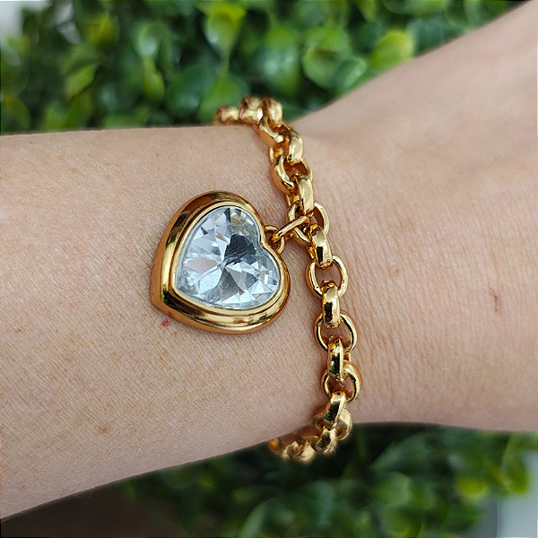 Pulseira Correntaria íris  com pingente de coração com strass folheado em ouro