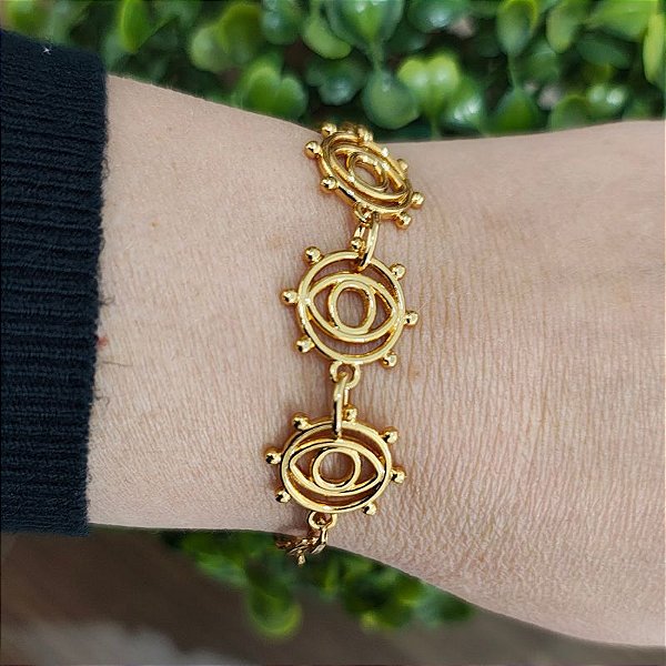 Pulseira Correntaria com 3 olho grego ( corrente italia) Folheado em ouro