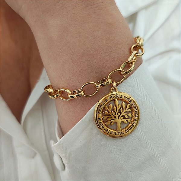 Pulseira Correntaria com pingente árvore da vida Folheado em ouro ( P, M e G)