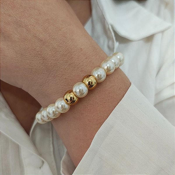 Pulseira pérolas e esferas douradas Folheado em ouro ( P, M e G)