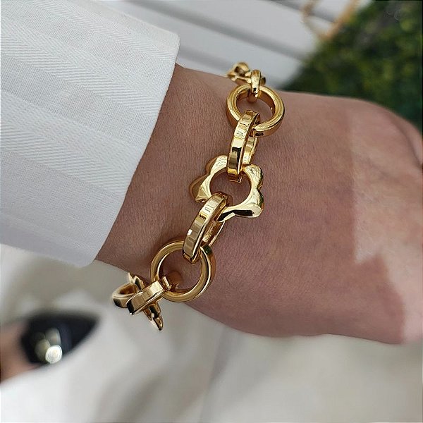 Pulseira correntaria com detalhes de flores Folheado em ouro ( P, M e G)