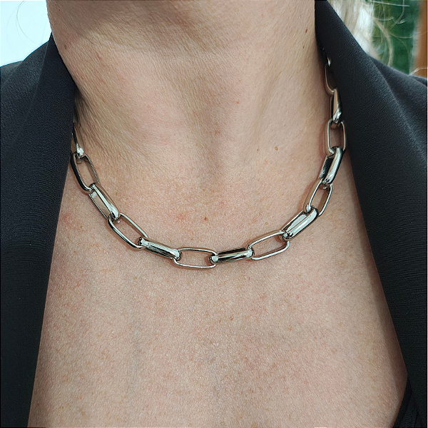 Colar correntaria Italia ( elos quadrados) GG 40 cm folheado em ródio