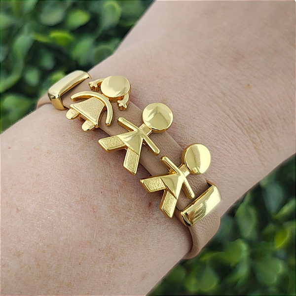 Pulseira Filhos Courino BEGE com 3 FILHOS ( 2 meninos e 1 menina) acabamento folheado em ouro