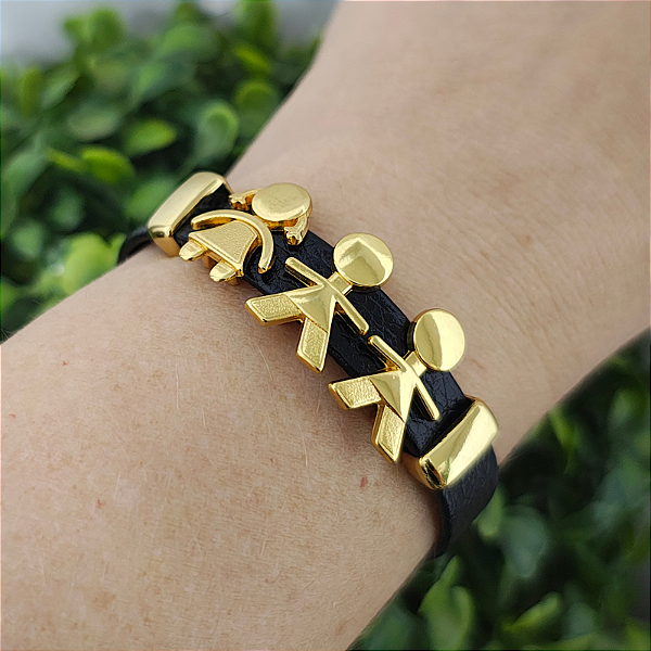 Pulseira Filhos Couro Preto com 3 FILHOS ( 2 meninos e 1 menina) acabamento folheado em ouro