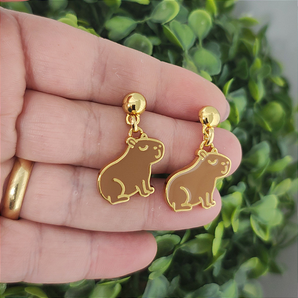 Brincos de pino Capivara resina marrom Folheado em ouro
