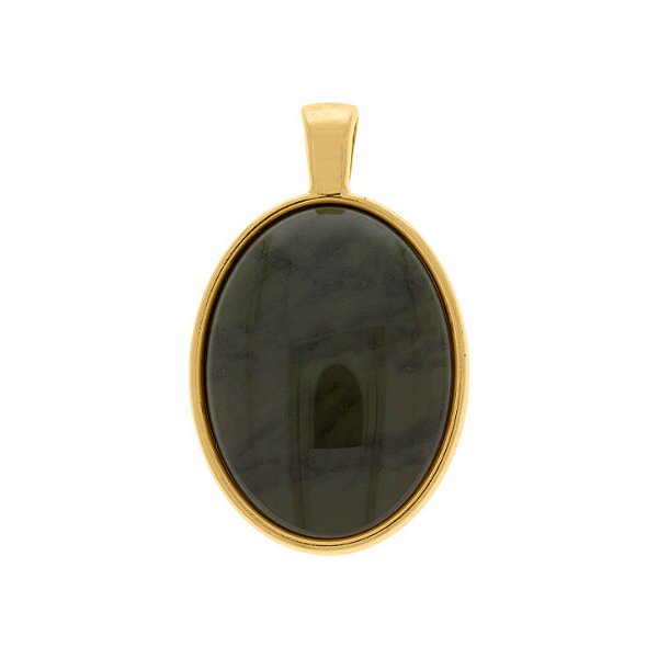 Pingente oval grande resina verde escuro folheado em ouro