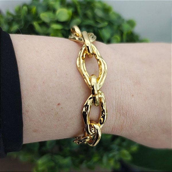 Pulseira Correntaria com 3 elos orgânicos Folheada em Ouro
