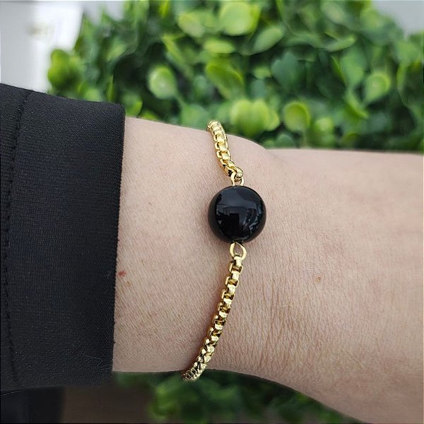 Pulseira Correntaria veneziana pp dourada com bolinha resina preta - folheado em ouro ( P, M ou G)