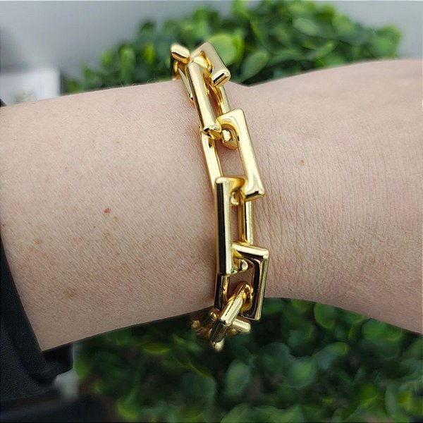 Pulseira Correntaria elos maxi elos quadrados dourada - Folheada em Ouro
