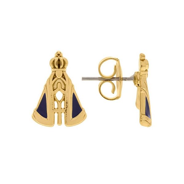 Brincos tarracha com nossa senhora azul folheado em ouro