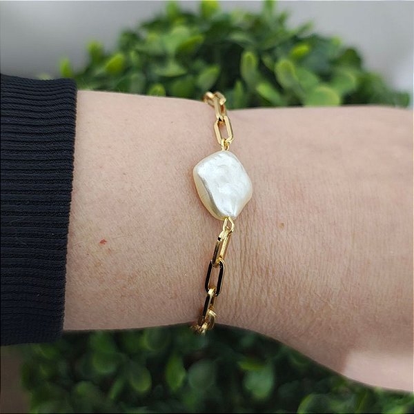 Pulseira correntaria italia P com uma pérola barroca Folheado em Ouro ( pérolas artificiais)