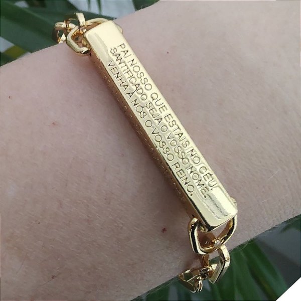 Pulseira Correntaria com placa oração do Pai Nosso Folheado em ouro ( personalizada)