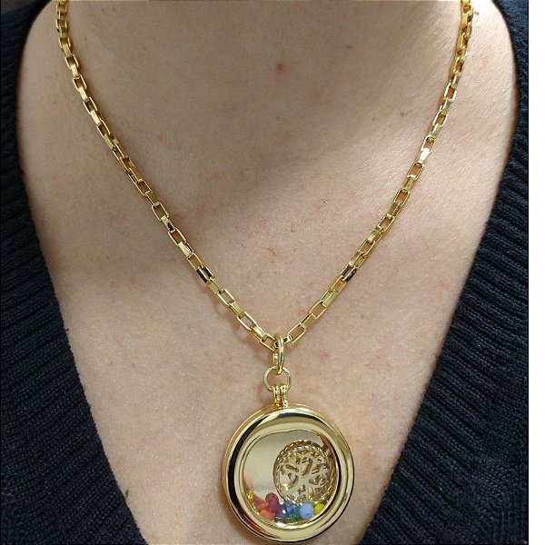 Colar Correntaria com pingente cápsula contendo árvore da vida e 7 cristais cores Chacras folheado em ouro