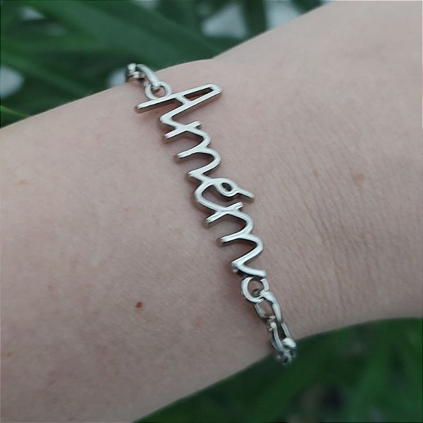 Pulseira Correntaria  com placa amém Folheado em ródio (prateada)