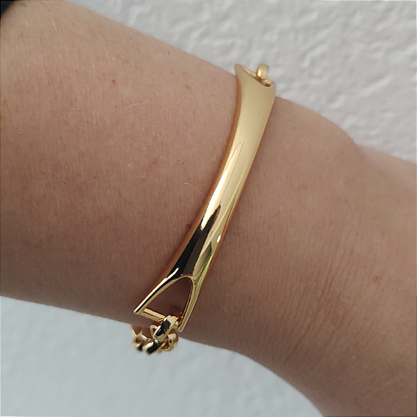 Pulseira placa lisa fina Curvada  correntaria folheado em ouro