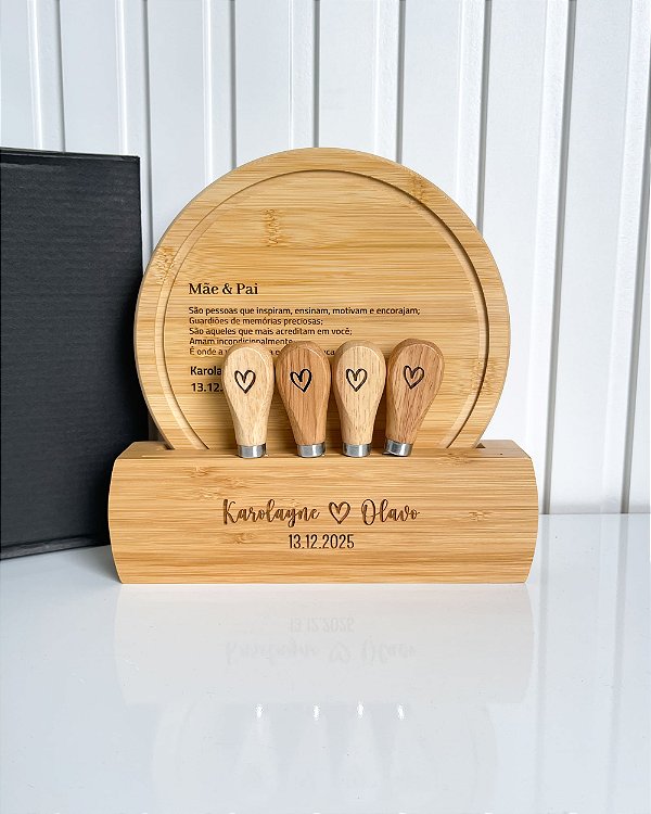 Kit para Queijos Com Suporte em Bambu Personalizado Padrinhos Casamento