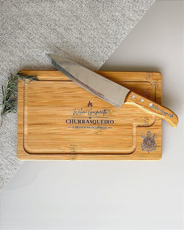Kit Churrasco Tábua + Faca em Bambu Personalizada Dia dos Pais