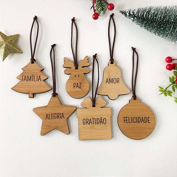 Kit 6 Enfeites para Árvore de Natal Personalizados em Bambu