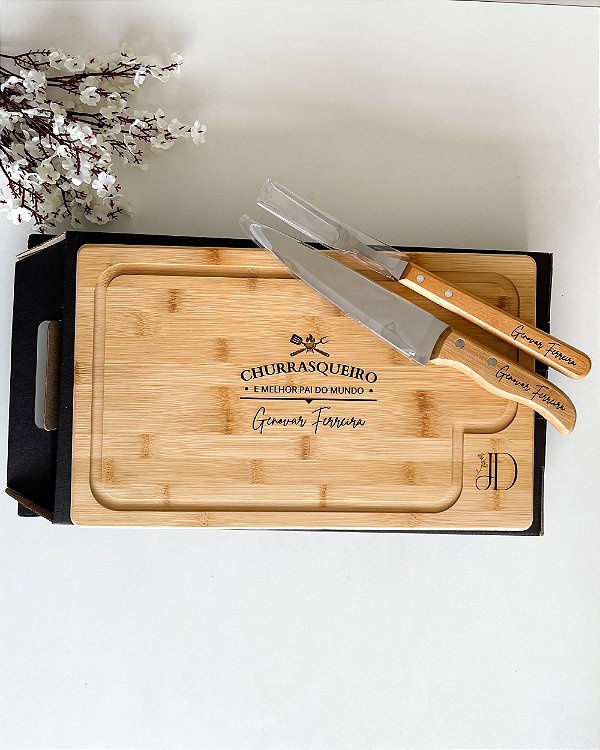 Kit Churrasco Tábua 37x22 cm Faca e Garfo Padrinhos Casamento