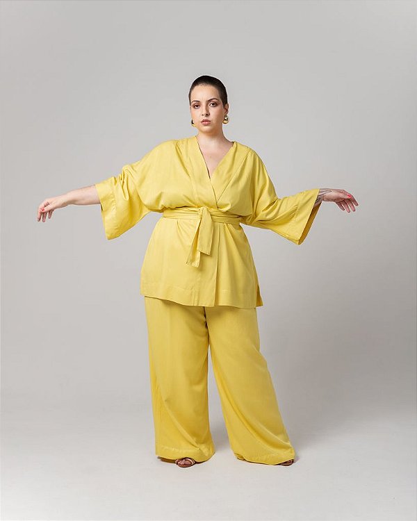 CALÇA PANTALONA VISCO AMARELO ANANAS PLUS SIZE