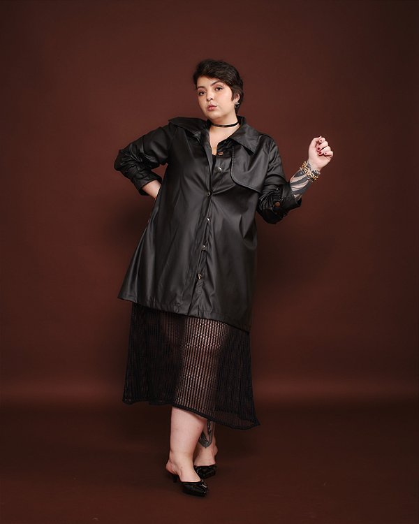 PARKA PU  C/ CINTO PRETO PLUS SIZE