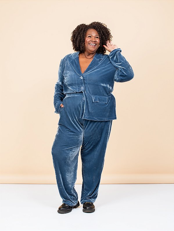 BLAZER ML MALHA VELUDO AZUL DELPHIS PLUS SIZE