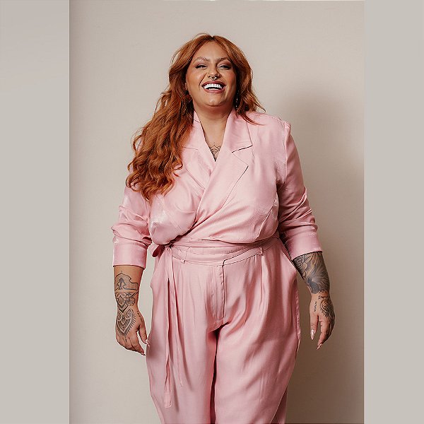BLAZER ALFAIATARIA CURTO  BRILHO ROSA PO PLUS SIZE