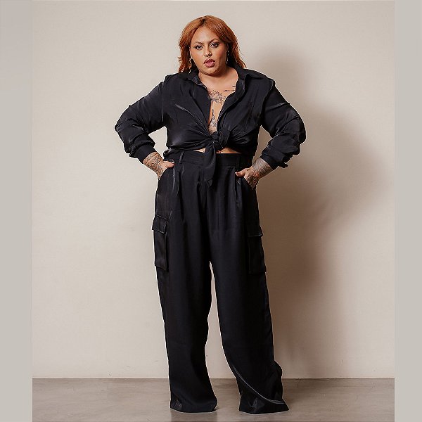 CALÇA CARGO BRILHO PRETO PLUS SIZE