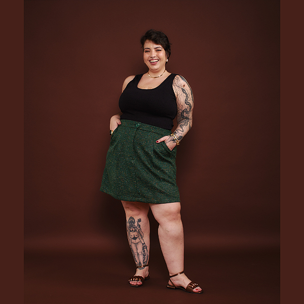 SAIA CURTA TWEED VERDE MUSGO PLUS SIZE