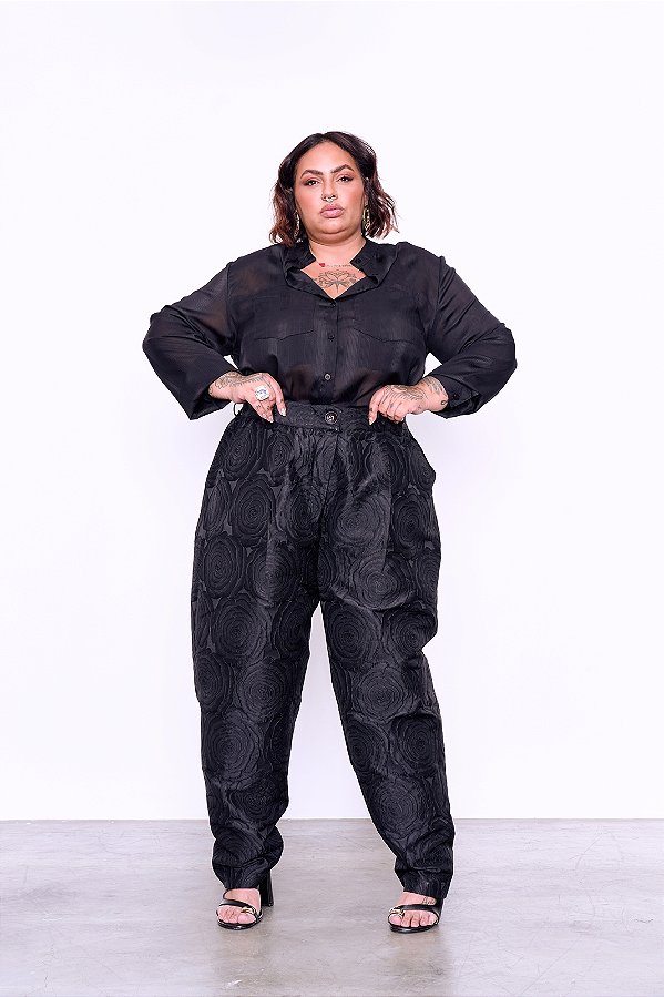 CALÇA ALFAIATARIA BALLON JACQUARD PRETO PLUS SIZE
