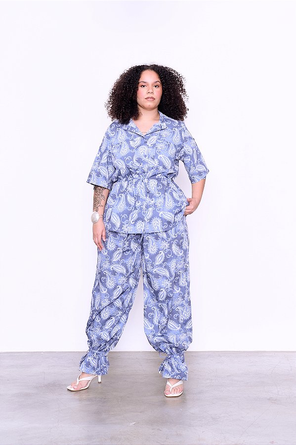 CALÇA ALFAIATARIA RETA ESTAMPA BOHEMIA AZUL PLUS SIZE