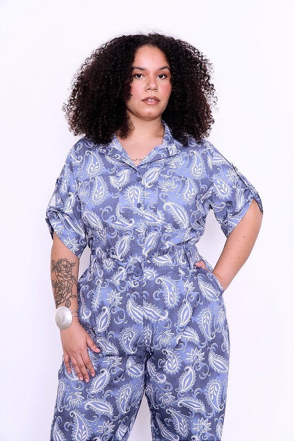 CAMISA MANGA CURTA ESTAMPA BOHEMIA AZUL PLUS SIZE