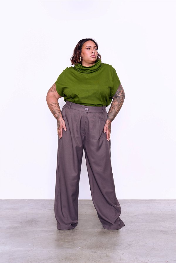 CALÇA ALFAIATARIA RETA CINZA CHUMBO ESCURO PLUS SIZE