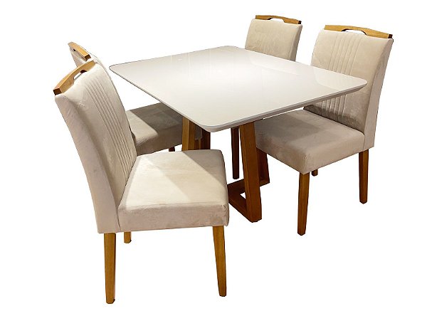 Mesa de Jantar com 4 cadeiras Paris - Imbuia / Off-White / Veludo Marfim