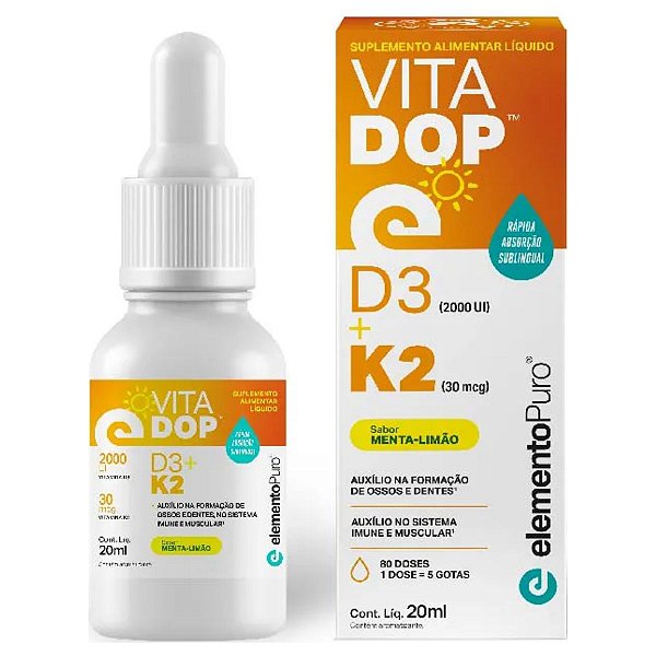 Vitadop D3 2000UI + K2 30Mcg 20Ml Menta-Limão ElementoPuro