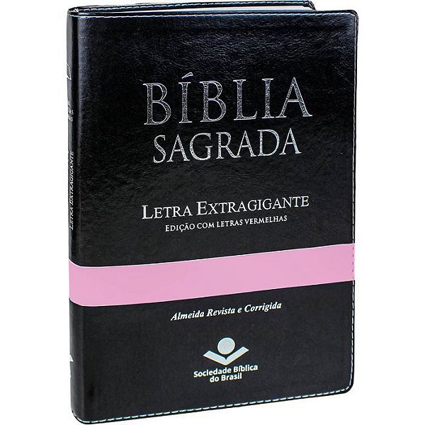 Bíblia Sagrada Letra grande, Cristã Almeida Revista e Corrigida, Couro sintético Preta com faixa Rosa de mulher